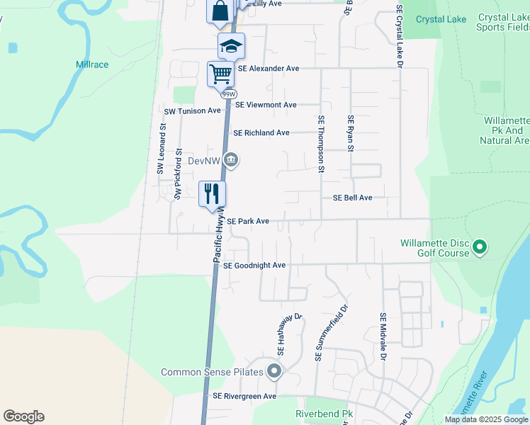 map of restaurants, bars, coffee shops, grocery stores, and more near 2645 Southeast 3rd Street in Corvallis