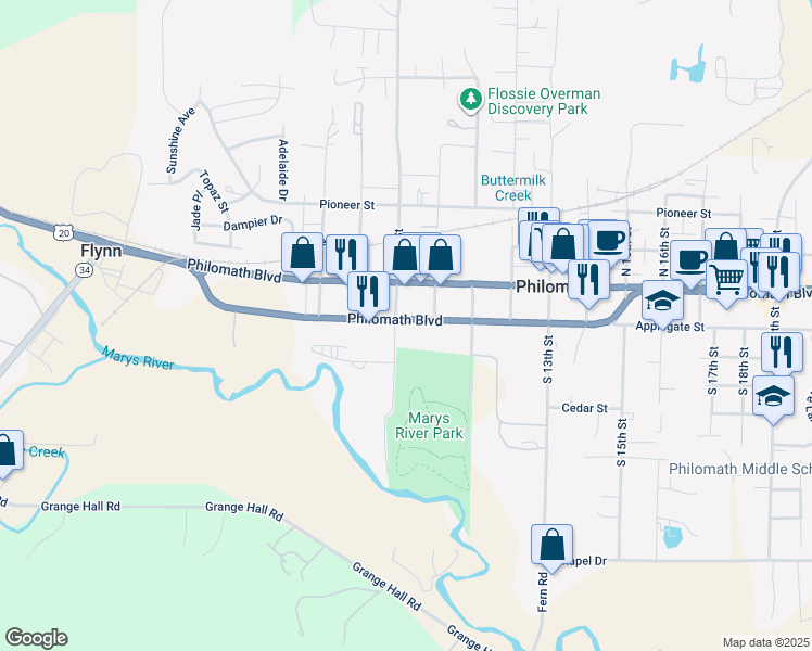 map of restaurants, bars, coffee shops, grocery stores, and more near 211 South 9th Street in Philomath