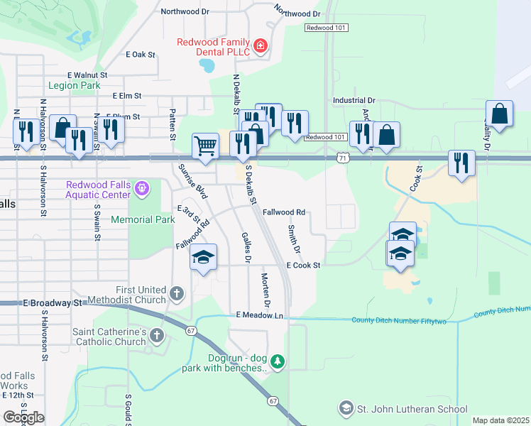 map of restaurants, bars, coffee shops, grocery stores, and more near 503 Fallwood Road in Redwood Falls