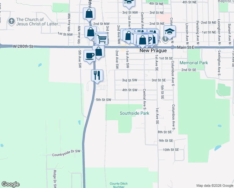 map of restaurants, bars, coffee shops, grocery stores, and more near 209 4th Street Southwest in New Prague