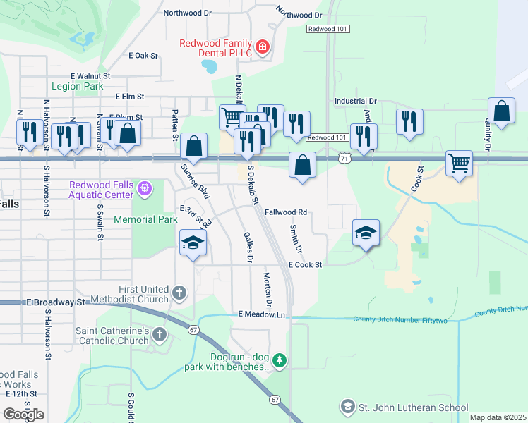 map of restaurants, bars, coffee shops, grocery stores, and more near 503 Fallwood Road in Redwood Falls
