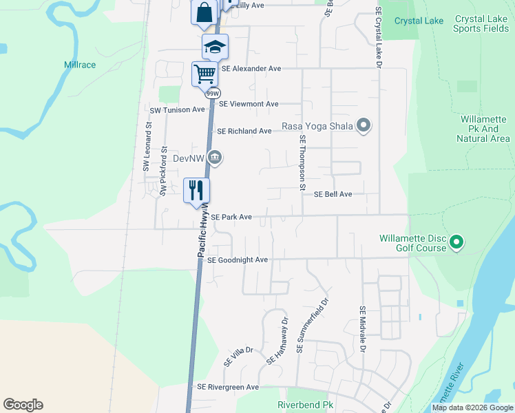 map of restaurants, bars, coffee shops, grocery stores, and more near 535 Southeast Park Avenue in Corvallis