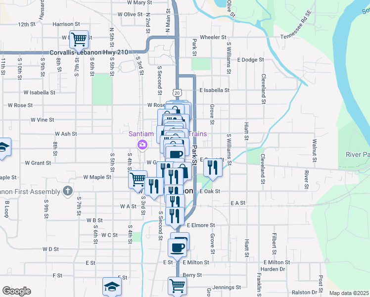 map of restaurants, bars, coffee shops, grocery stores, and more near 31 East Ash Street in Lebanon
