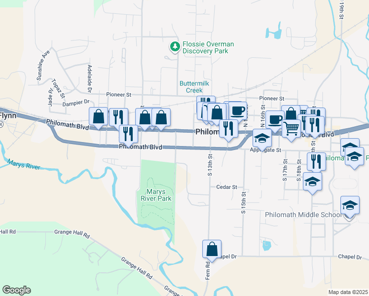 map of restaurants, bars, coffee shops, grocery stores, and more near 115 South 11th Street in Philomath