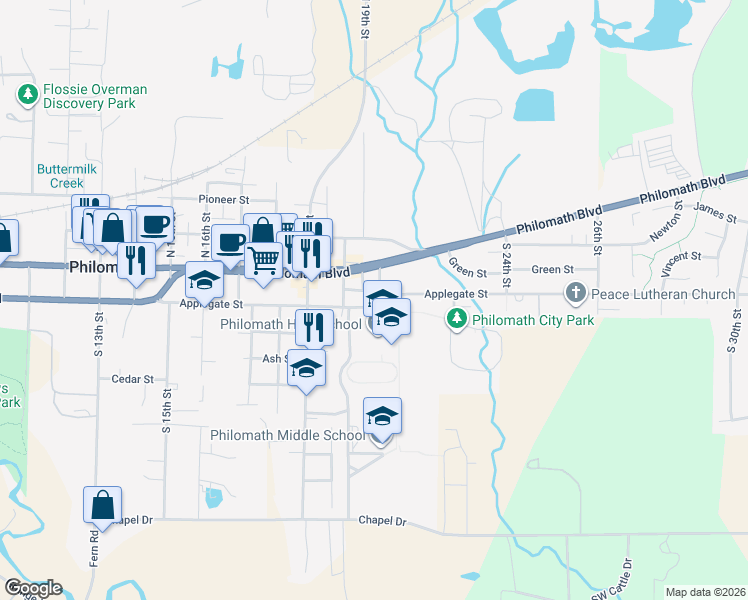 map of restaurants, bars, coffee shops, grocery stores, and more near 135 South 21st Street in Philomath
