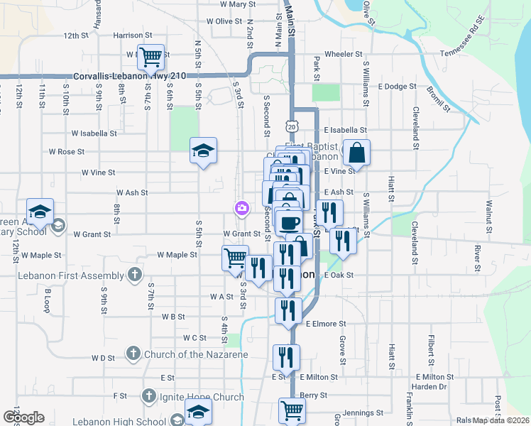 map of restaurants, bars, coffee shops, grocery stores, and more near 110 West Sherman Street in Lebanon