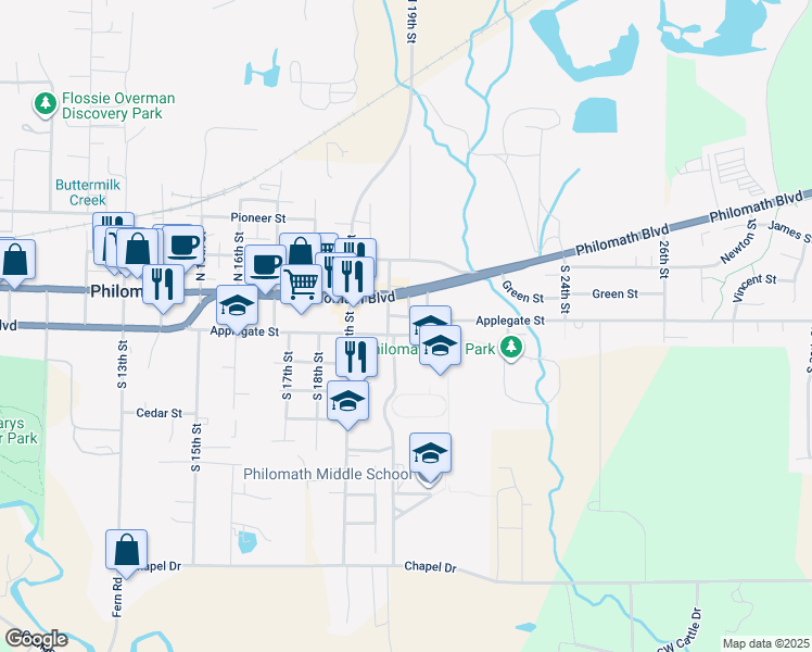 map of restaurants, bars, coffee shops, grocery stores, and more near 2021 Applegate Street in Philomath