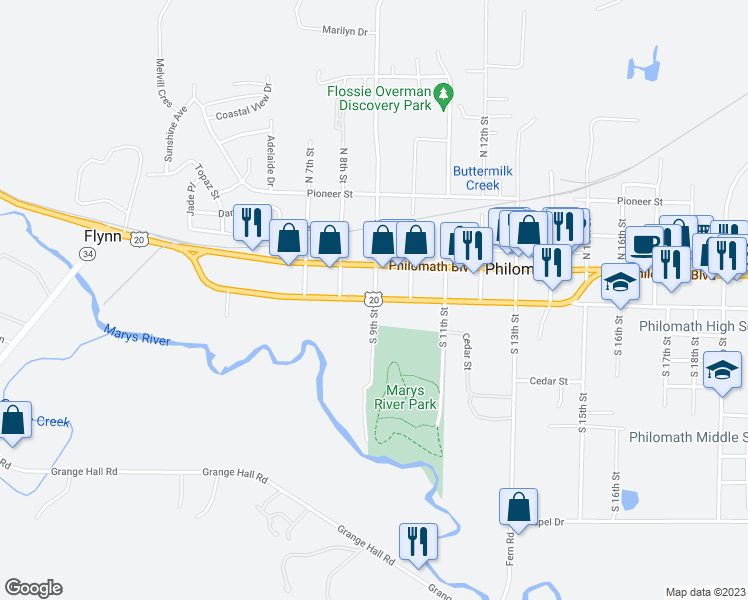 map of restaurants, bars, coffee shops, grocery stores, and more near 119 South 9th Street in Philomath