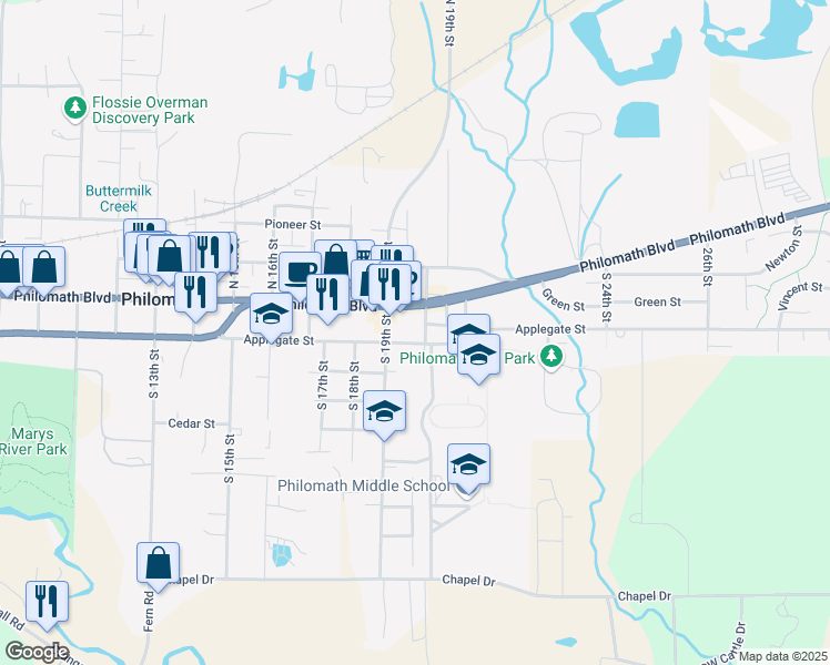 map of restaurants, bars, coffee shops, grocery stores, and more near 1914 Main Street in Philomath