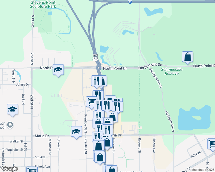 map of restaurants, bars, coffee shops, grocery stores, and more near 317 Division Street in Stevens Point