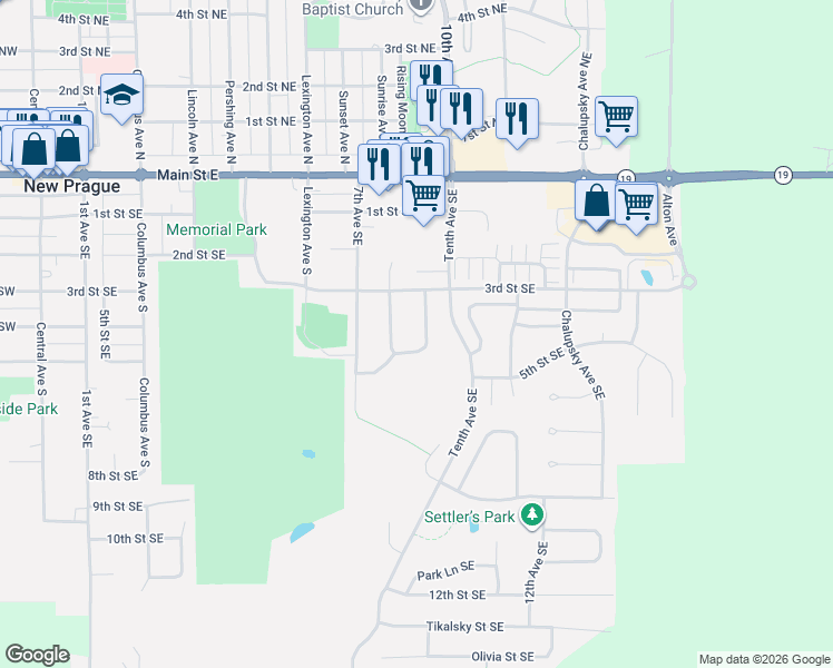 map of restaurants, bars, coffee shops, grocery stores, and more near 406 Redpoll Avenue Southeast in New Prague