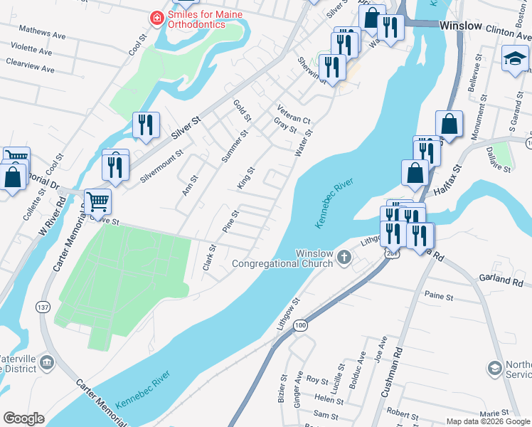 map of restaurants, bars, coffee shops, grocery stores, and more near 5 Carrean Street in Waterville