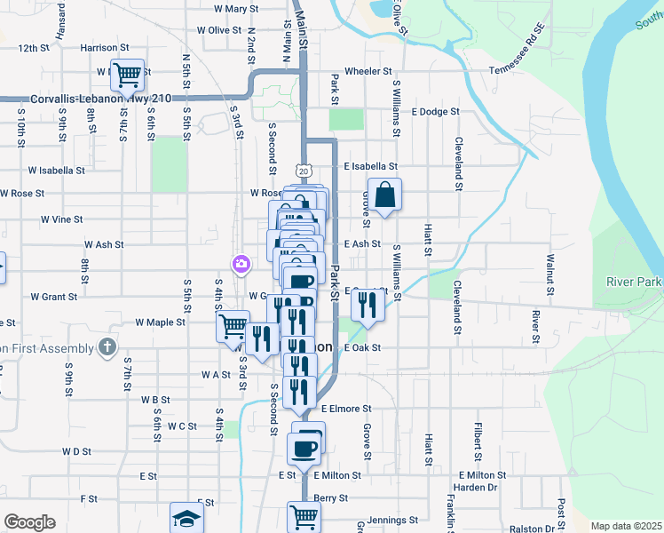 map of restaurants, bars, coffee shops, grocery stores, and more near 95 East Sherman Street in Lebanon