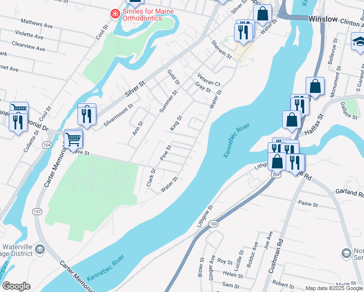 map of restaurants, bars, coffee shops, grocery stores, and more near 5 Carrean Street in Waterville