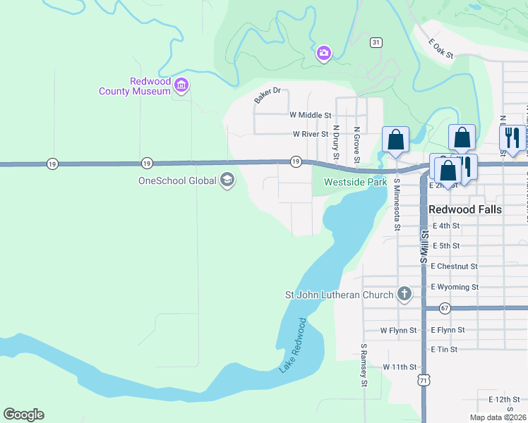 map of restaurants, bars, coffee shops, grocery stores, and more near 300 Westfalls Drive in Redwood Falls