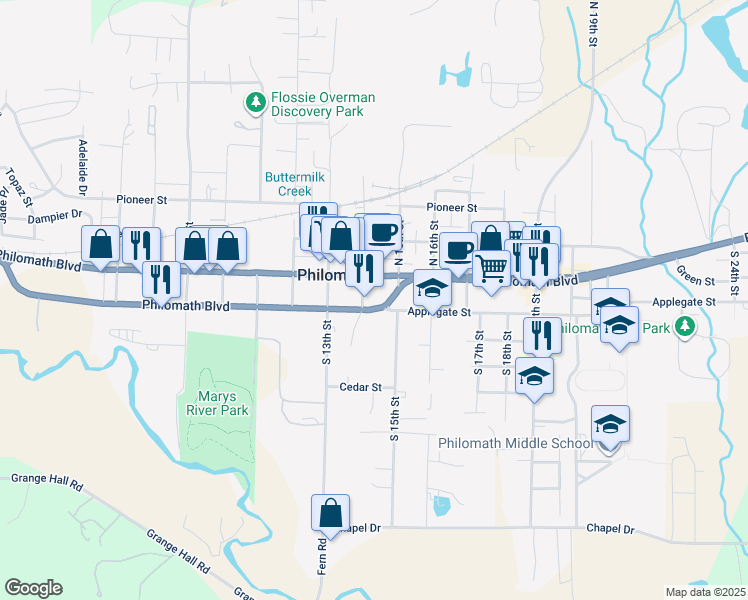 map of restaurants, bars, coffee shops, grocery stores, and more near 125 South 14th Street in Philomath
