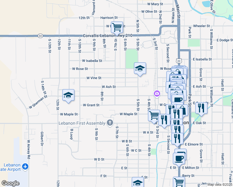 map of restaurants, bars, coffee shops, grocery stores, and more near 605 West Sherman Street in Lebanon
