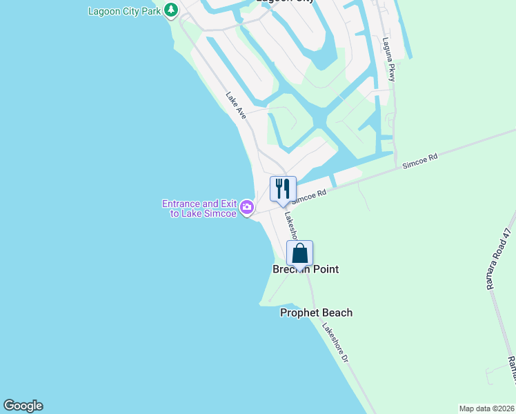 map of restaurants, bars, coffee shops, grocery stores, and more near 2788 Simcoe Road in Brechin