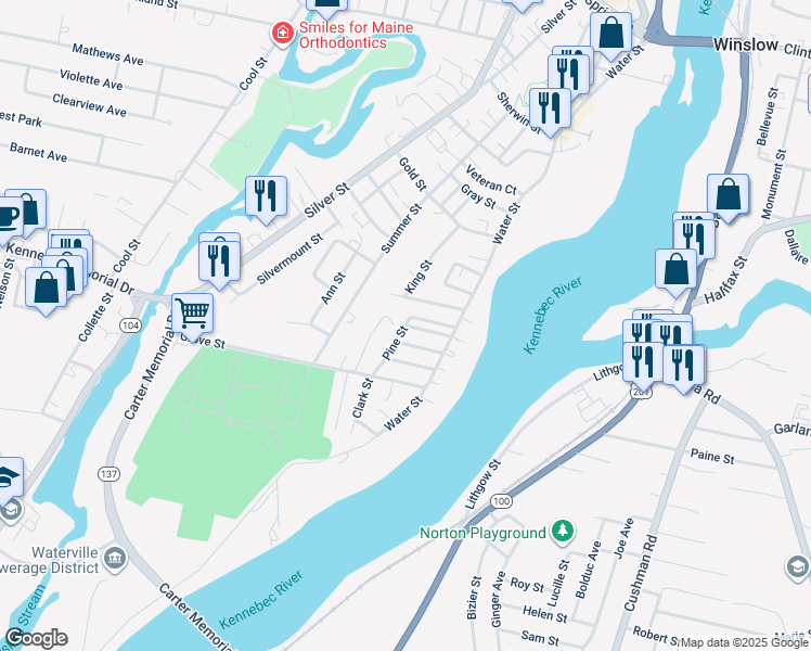 map of restaurants, bars, coffee shops, grocery stores, and more near 24 Pine Street in Waterville