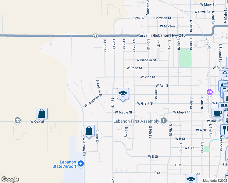 map of restaurants, bars, coffee shops, grocery stores, and more near 675 12th Street in Lebanon