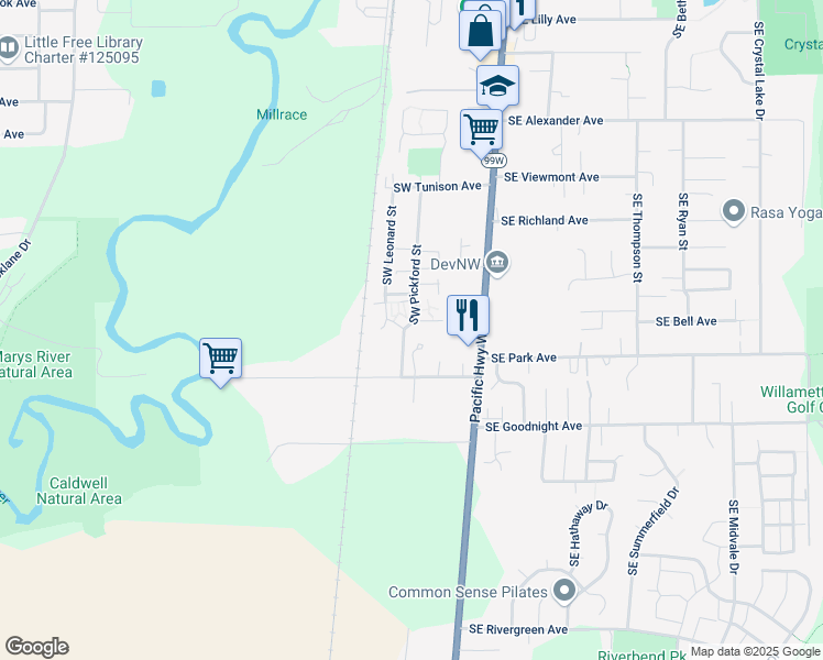 map of restaurants, bars, coffee shops, grocery stores, and more near 2705 Southwest Pickford Street in Corvallis