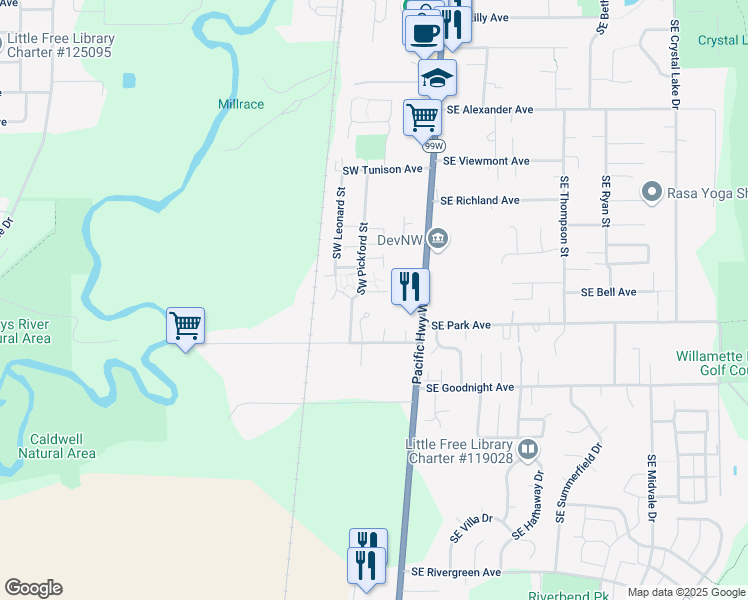 map of restaurants, bars, coffee shops, grocery stores, and more near 2705 Southwest Pickford Street in Corvallis