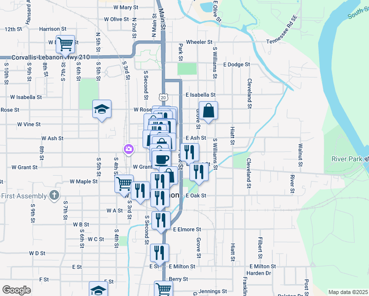 map of restaurants, bars, coffee shops, grocery stores, and more near 643 Park Street in Lebanon