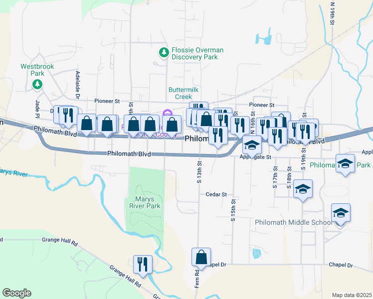 map of restaurants, bars, coffee shops, grocery stores, and more near 1219 Applegate Street in Philomath