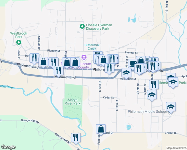 map of restaurants, bars, coffee shops, grocery stores, and more near 1219 Applegate Street in Philomath