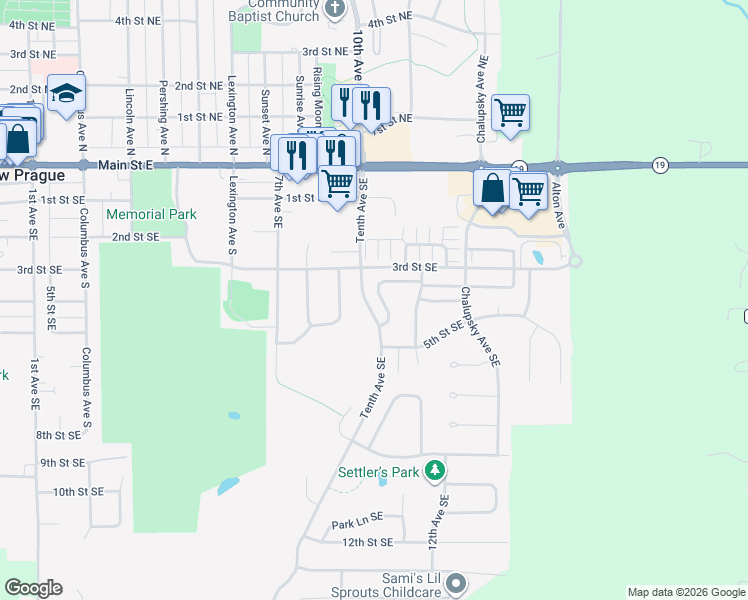 map of restaurants, bars, coffee shops, grocery stores, and more near 1107 Village Street in New Prague
