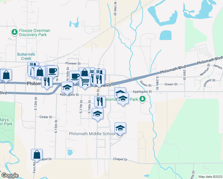 map of restaurants, bars, coffee shops, grocery stores, and more near 115 South 20th Street in Philomath