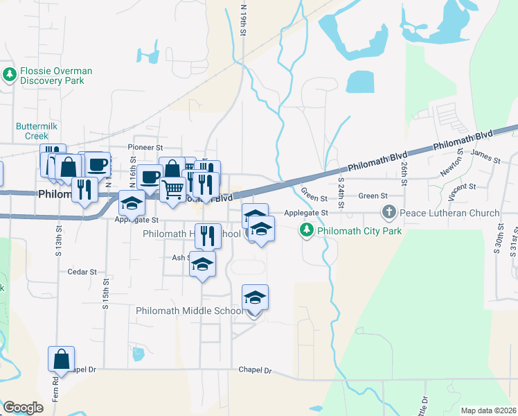 map of restaurants, bars, coffee shops, grocery stores, and more near 135 S 21st St in Philomath