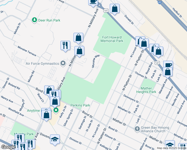 map of restaurants, bars, coffee shops, grocery stores, and more near 1018 Moraine Way in Green Bay