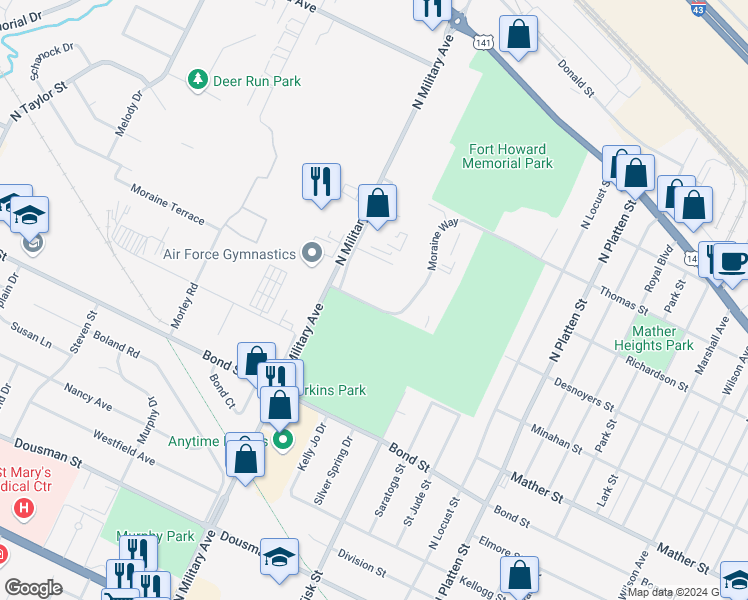 map of restaurants, bars, coffee shops, grocery stores, and more near 1534 Moraine Terrace in Green Bay