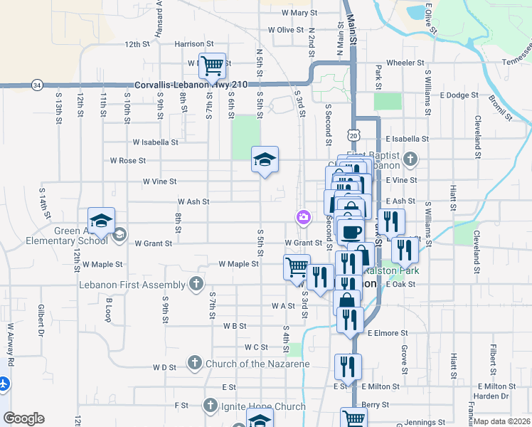 map of restaurants, bars, coffee shops, grocery stores, and more near 685 South 5th Street in Lebanon