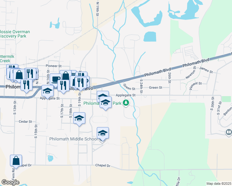 map of restaurants, bars, coffee shops, grocery stores, and more near 2173 Applegate Street in Philomath