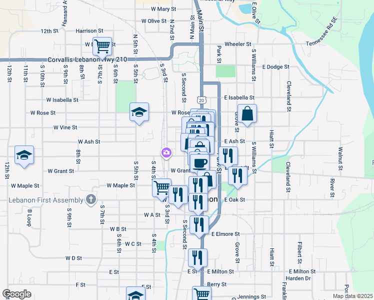 map of restaurants, bars, coffee shops, grocery stores, and more near 667 South Second Street in Lebanon