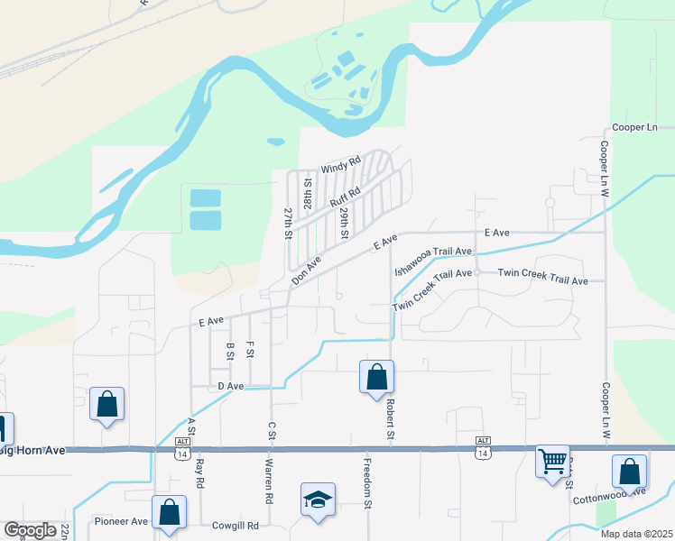 map of restaurants, bars, coffee shops, grocery stores, and more near 2904 E Avenue in Cody