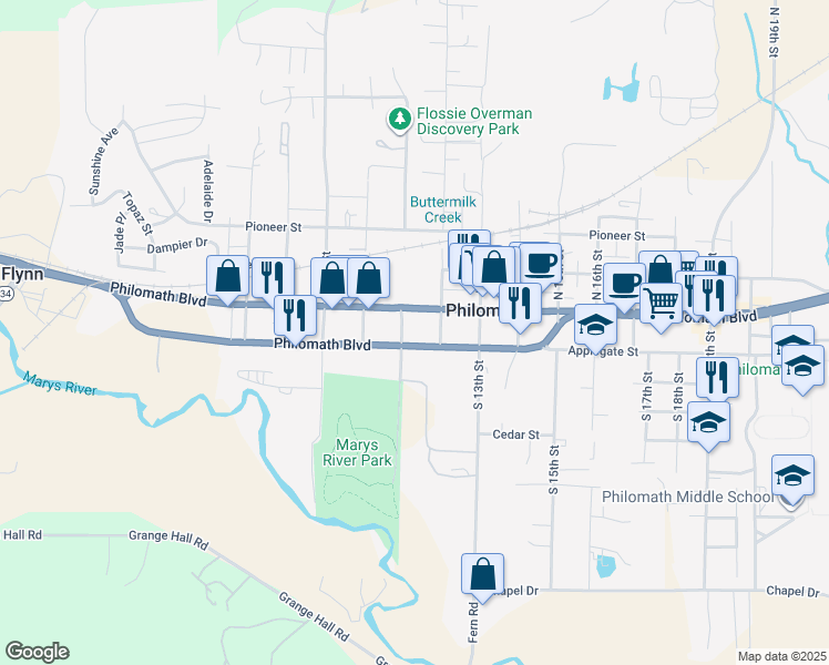 map of restaurants, bars, coffee shops, grocery stores, and more near 115 South 11th Street in Philomath
