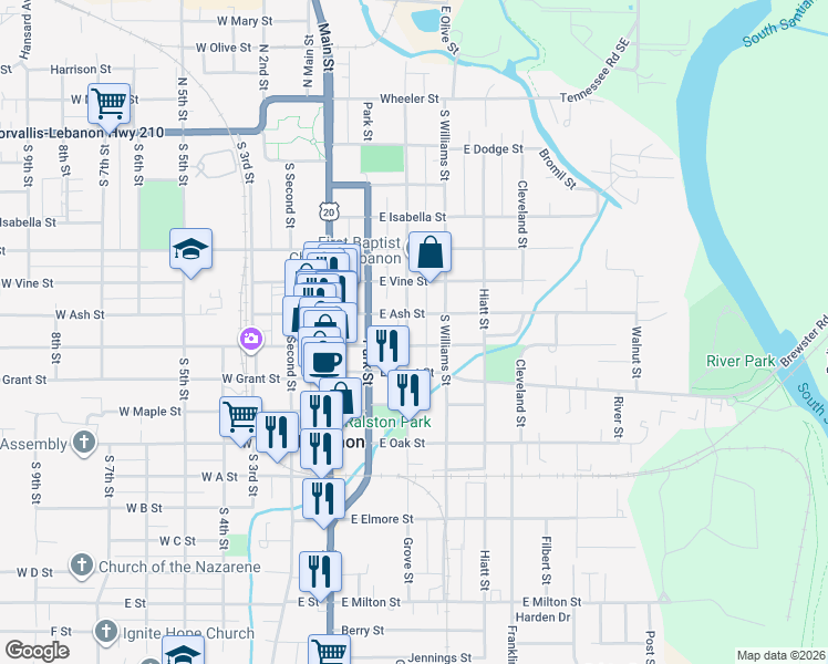 map of restaurants, bars, coffee shops, grocery stores, and more near 661 Grove Street in Lebanon