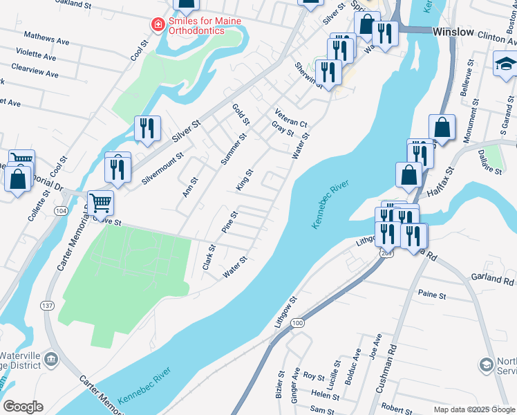 map of restaurants, bars, coffee shops, grocery stores, and more near 5 Carrean Street in Waterville
