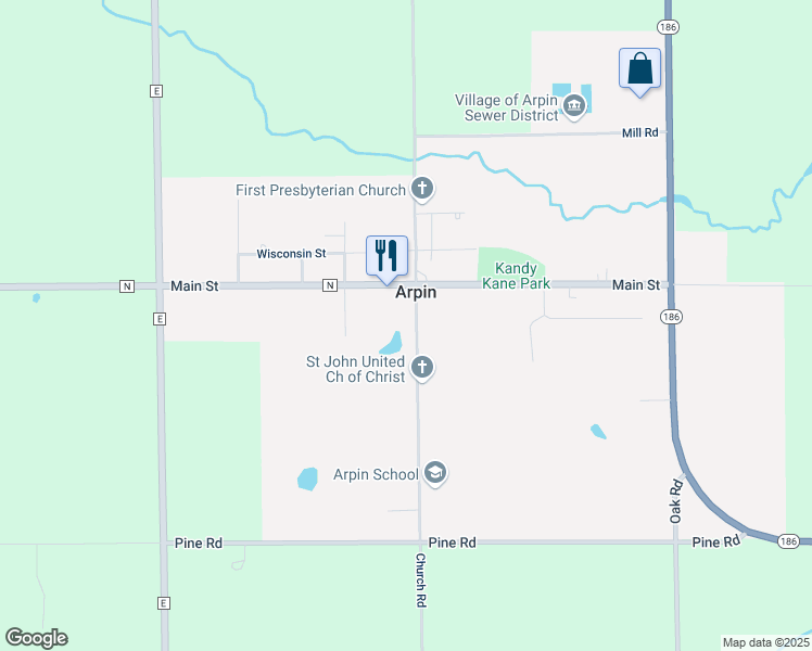 map of restaurants, bars, coffee shops, grocery stores, and more near 8069 Church Road in Arpin