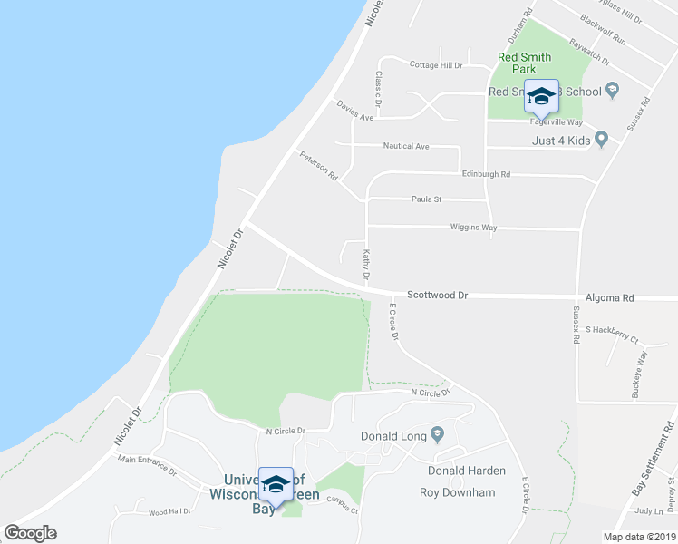 map of restaurants, bars, coffee shops, grocery stores, and more near 2625 Shore Ridge Court in Green Bay