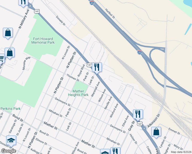 map of restaurants, bars, coffee shops, grocery stores, and more near 1255 Velp Avenue in Green Bay