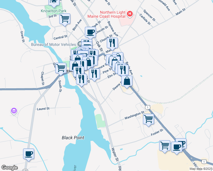 map of restaurants, bars, coffee shops, grocery stores, and more near 21 Elm St in Ellsworth