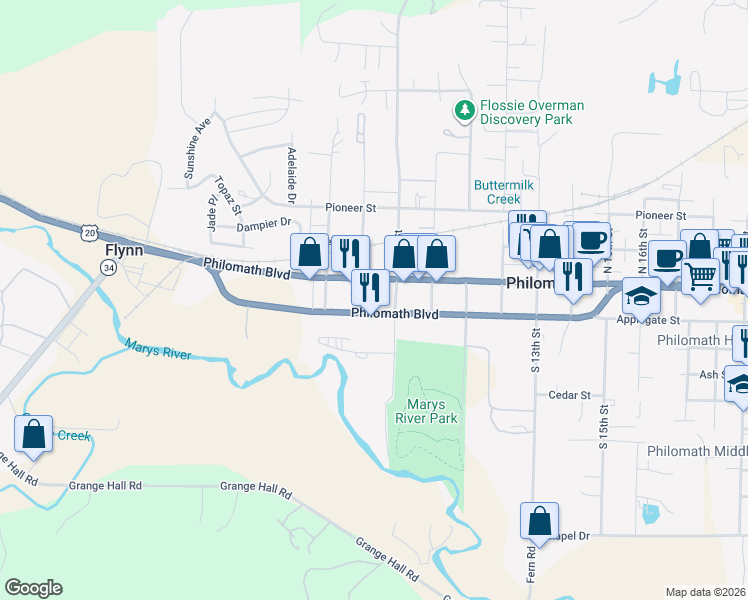 map of restaurants, bars, coffee shops, grocery stores, and more near 815 Applegate Street in Philomath