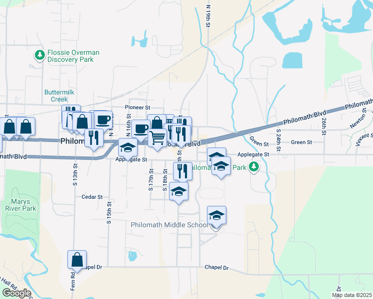 map of restaurants, bars, coffee shops, grocery stores, and more near 1914 Main Street in Philomath