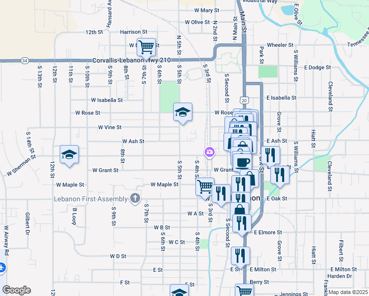 map of restaurants, bars, coffee shops, grocery stores, and more near 672 South 5th Street in Lebanon