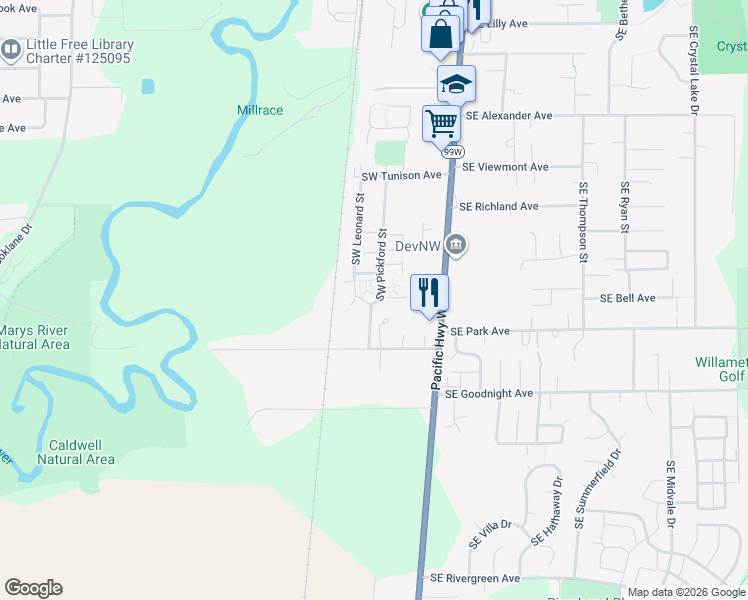 map of restaurants, bars, coffee shops, grocery stores, and more near 2720 Southwest Pickford Street in Corvallis