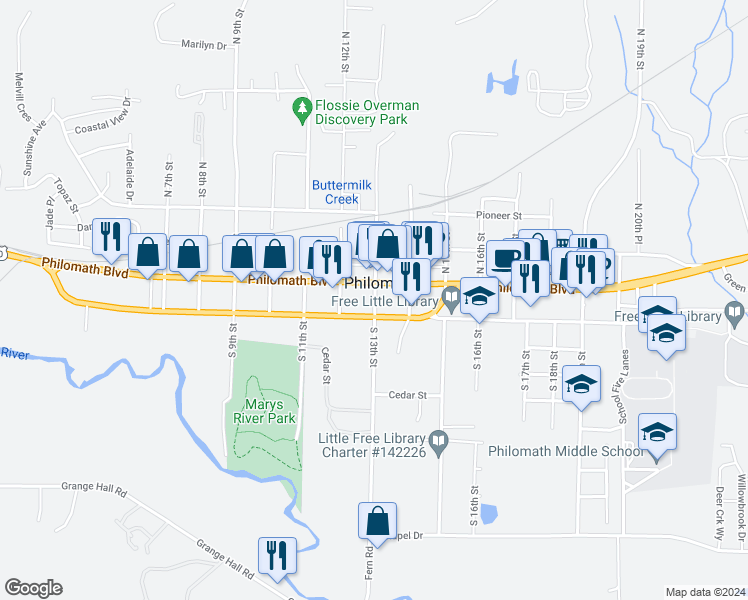 map of restaurants, bars, coffee shops, grocery stores, and more near in Philomath